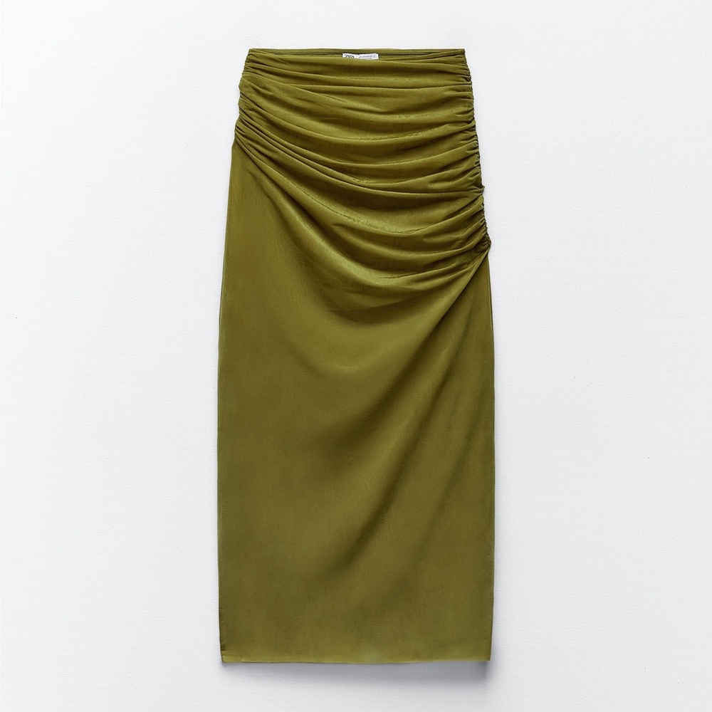 NWT Zara Ruched Organza Midi Skirt in Oil Yellow / Green / Chartreuse Brat Color